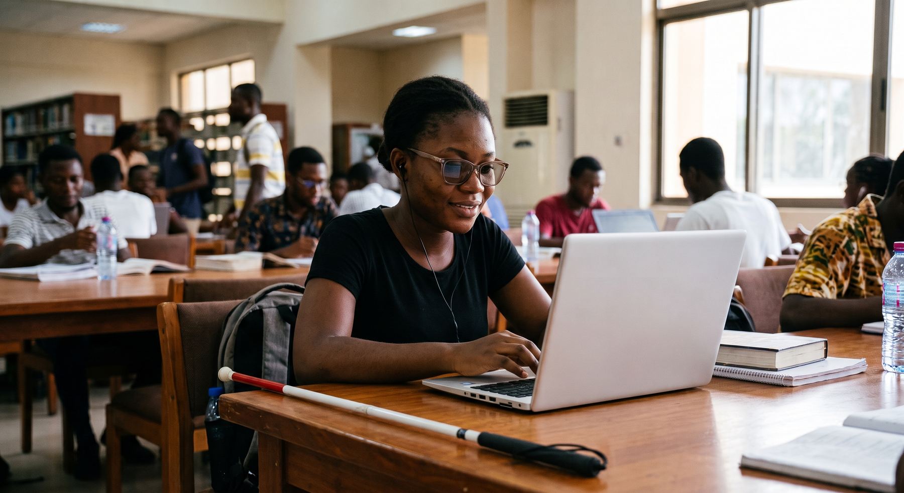 A student who is blind works on a laptop at a shared study table, her white cane resting on the desk beside her.