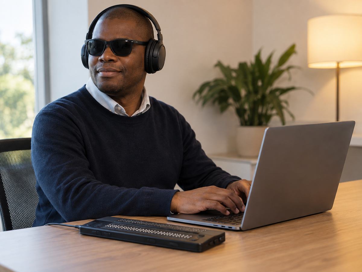 A man wearing headphones works at a laptop with a refreshable braille display connected in front of him.